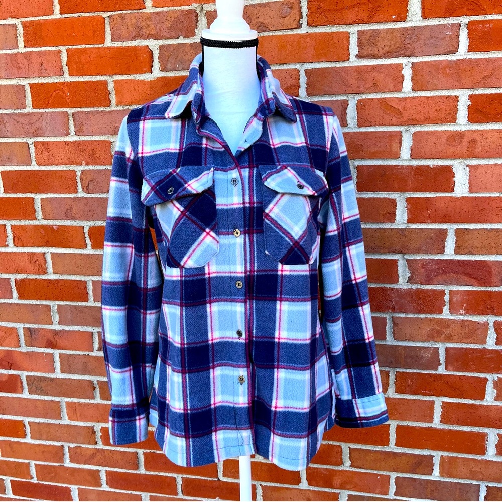 Stillwater Supply Co. Button Up Blue White Plaid Fleece Shacket Womens Small